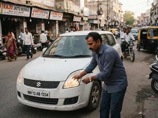 Indian car driver checking headlights left on in front of a white car parked on an Indian street